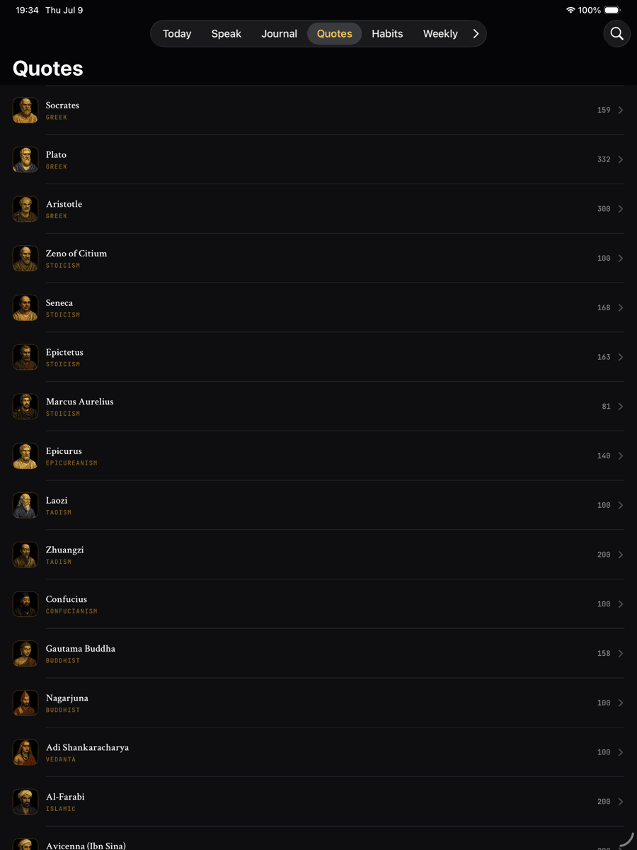 enkiRIDION Quotes library on iPad — painted portraits of Socrates, Plato, Seneca, Marcus Aurelius, Laozi, Buddha and more, each with their quote count and tradition