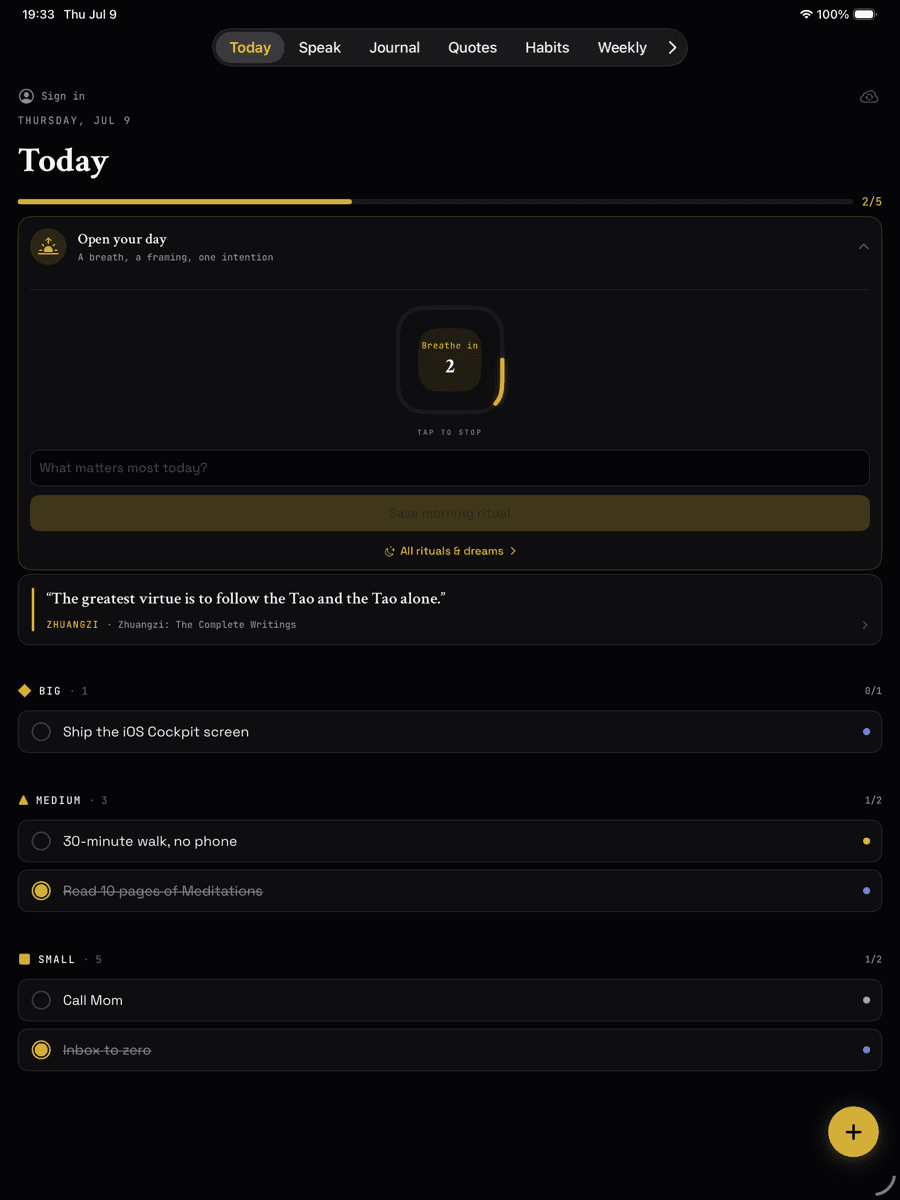 enkiRIDION Today screen on iPad — the morning ritual open with a breathing timer, daily intention field, and the day's 1-3-5 tasks below