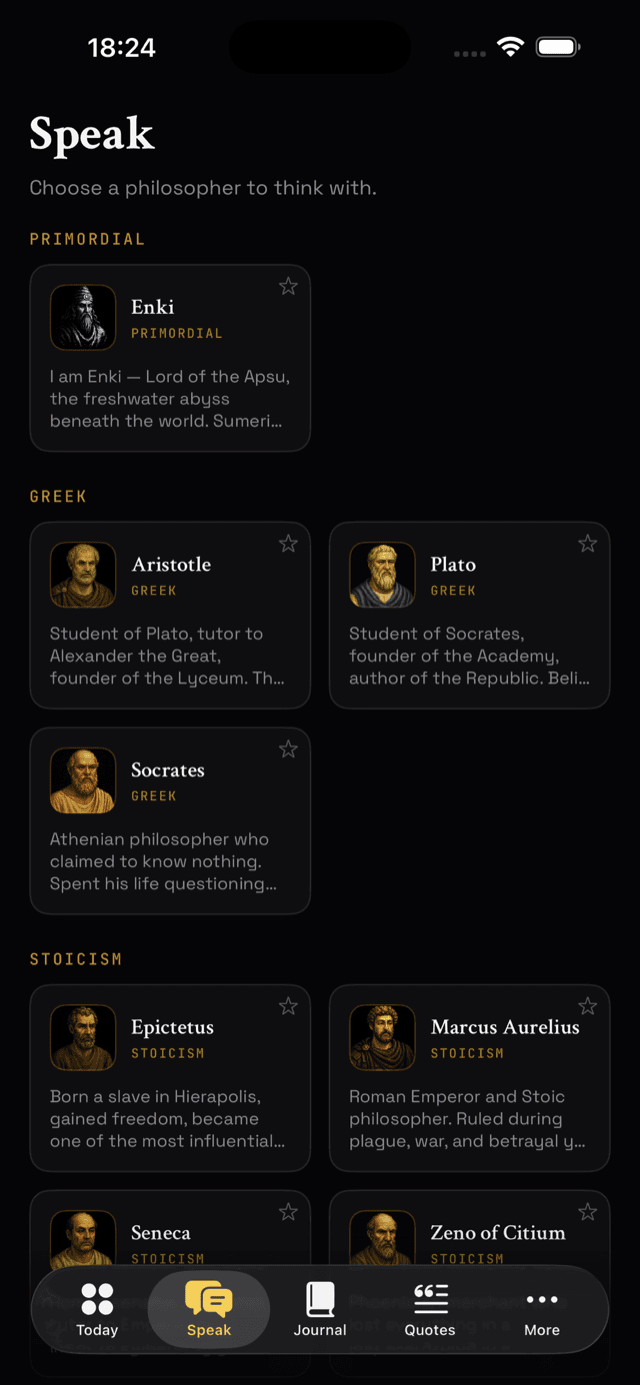 enkiRIDION Speak screen on iPhone — choose a philosopher to think with: painted portraits of Enki, Aristotle, Plato, Socrates, Epictetus, and Marcus Aurelius