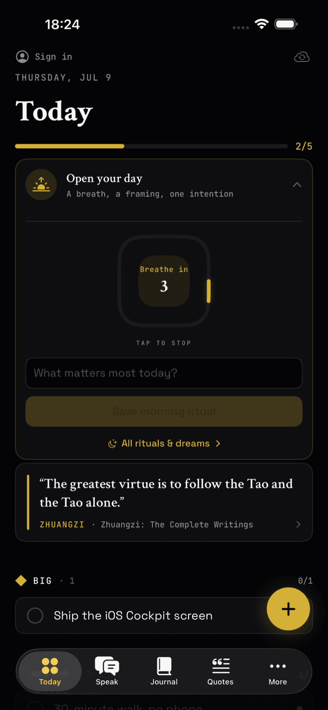 enkiRIDION Today screen on iPhone — morning ritual with a breathing timer counting in, a daily-intention prompt, and a Zhuangzi quote card