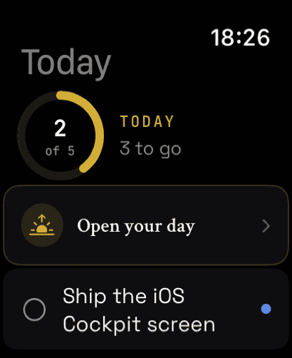enkiRIDION Today screen on Apple Watch — a gold progress ring showing 2 of 5 tasks done, with the Open Your Day morning ritual queued