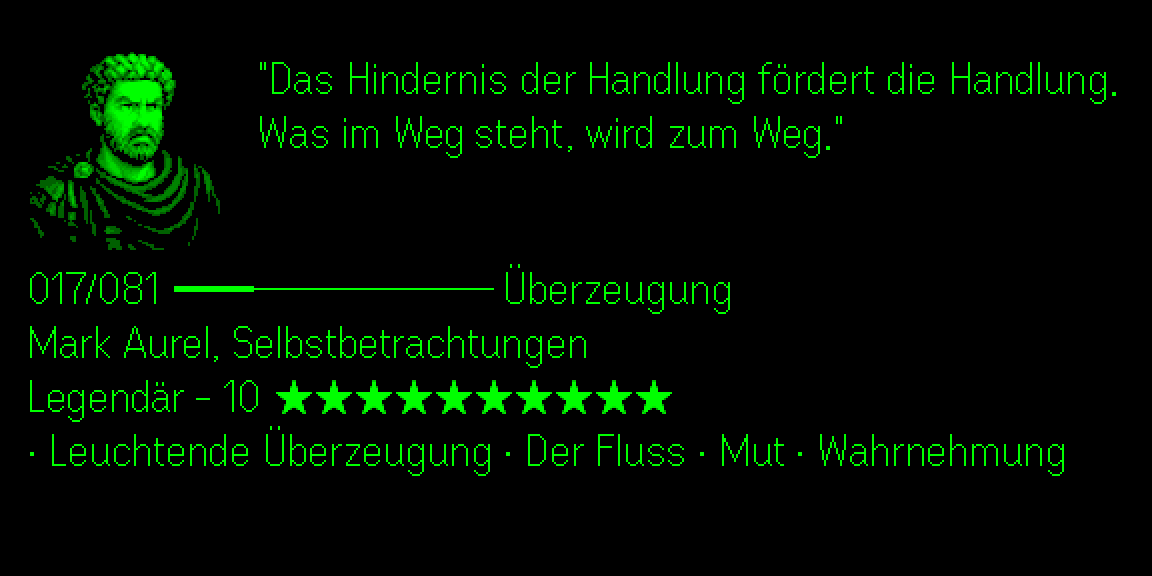 Marcus Aurelius quote card on the G2 display, in German